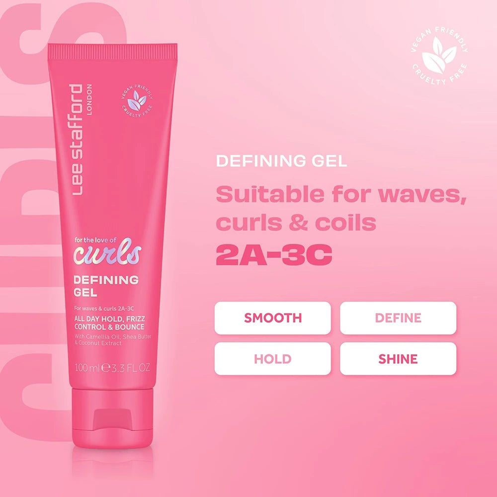 Rosa Tube Lee Stafford For The Love Of Curls Defining Gel mit Text zu Glätte, Definition, Halt und Glanz.