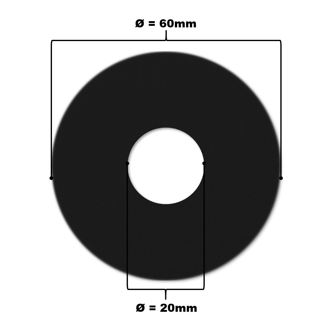 Schwarzes, rundes Katheterpflaster mit einem Loch in der Mitte. Durchmesser 60 mm, Lochdurchmesser 20 mm.