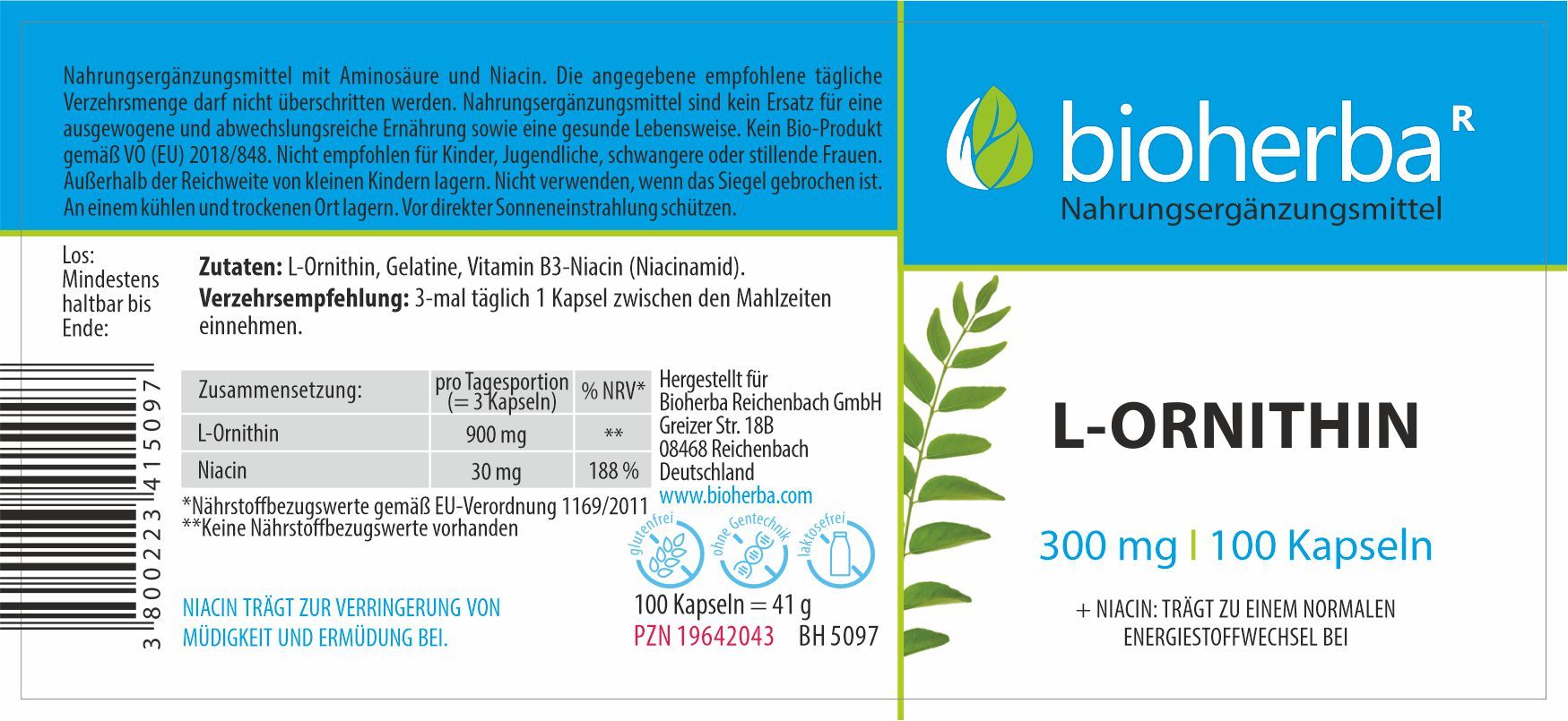 Etikett mit "bioherba" Logo und "L-Ornithin 300 mg | 100 Kapseln". Enthält Informationen zu Inhaltsstoffen und Dosierung.