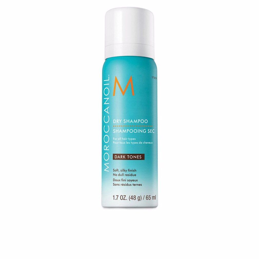 Türkisfarbene Sprühflasche mit weißem Deckel. Aufschrift: Dry Shampoo, Dark Tones. Marke: Moroccanoil. Inhalt: 1.7 oz (48 g) / 65 ml.