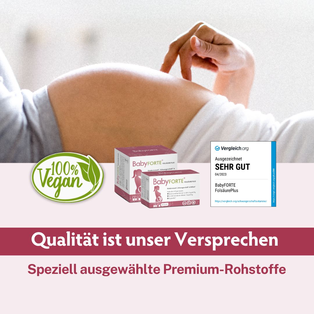 BabyFORTE Folsäure Plus Verpackung mit 100% Vegan Siegel und Auszeichnung.