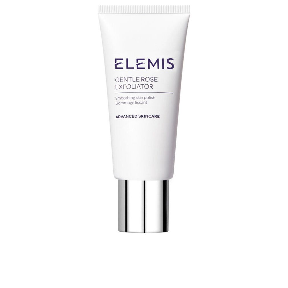 Weiße Tube mit silbernem Verschluss. Aufschrift: Elemis, Gentle Rose Exfoliator. Text: Smoothing skin polish, Gommage lissant.