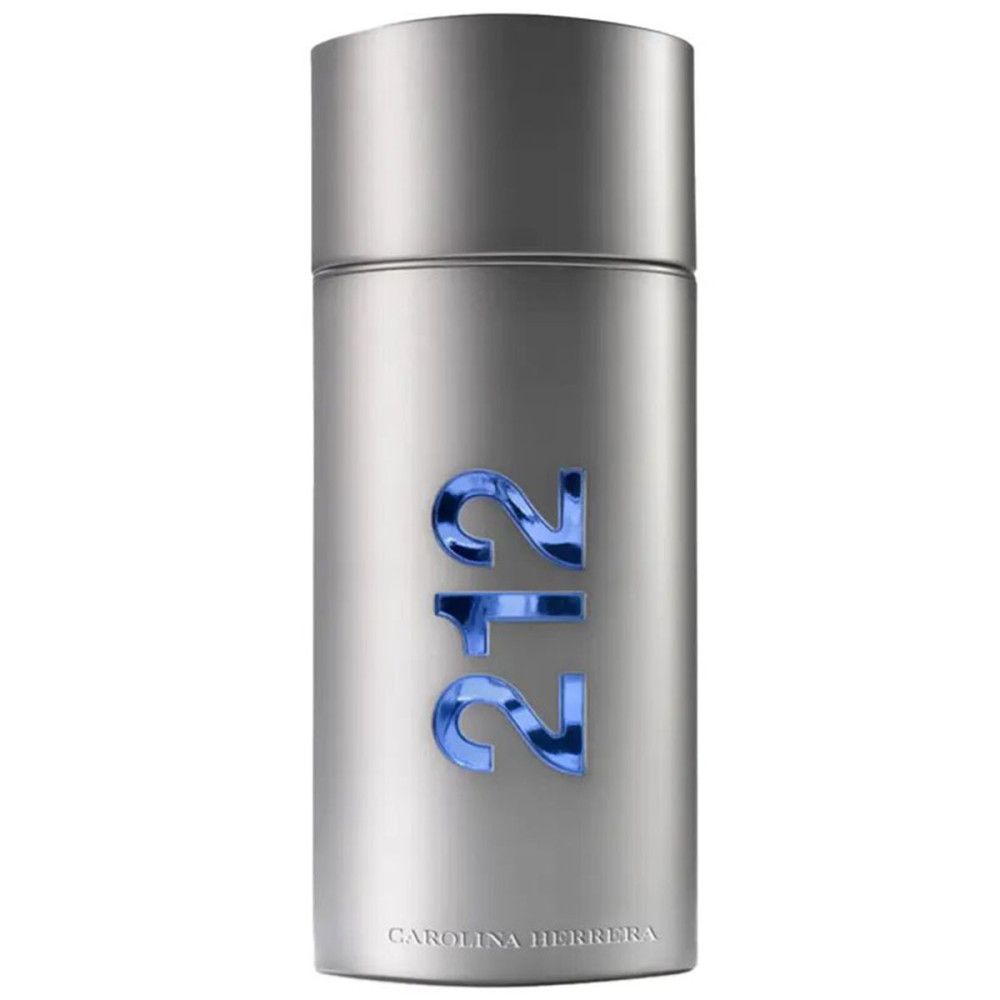 Silberfarbene Parfumflasche mit blauer "212"-Aufschrift und "Carolina Herrera" darunter.