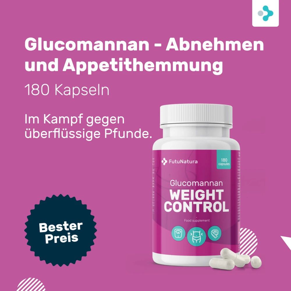 Flasche mit Kapseln. Text: Glucomannan - Abnehmen und Appetithemmung. 180 Kapseln. Aufschrift: Bester Preis.