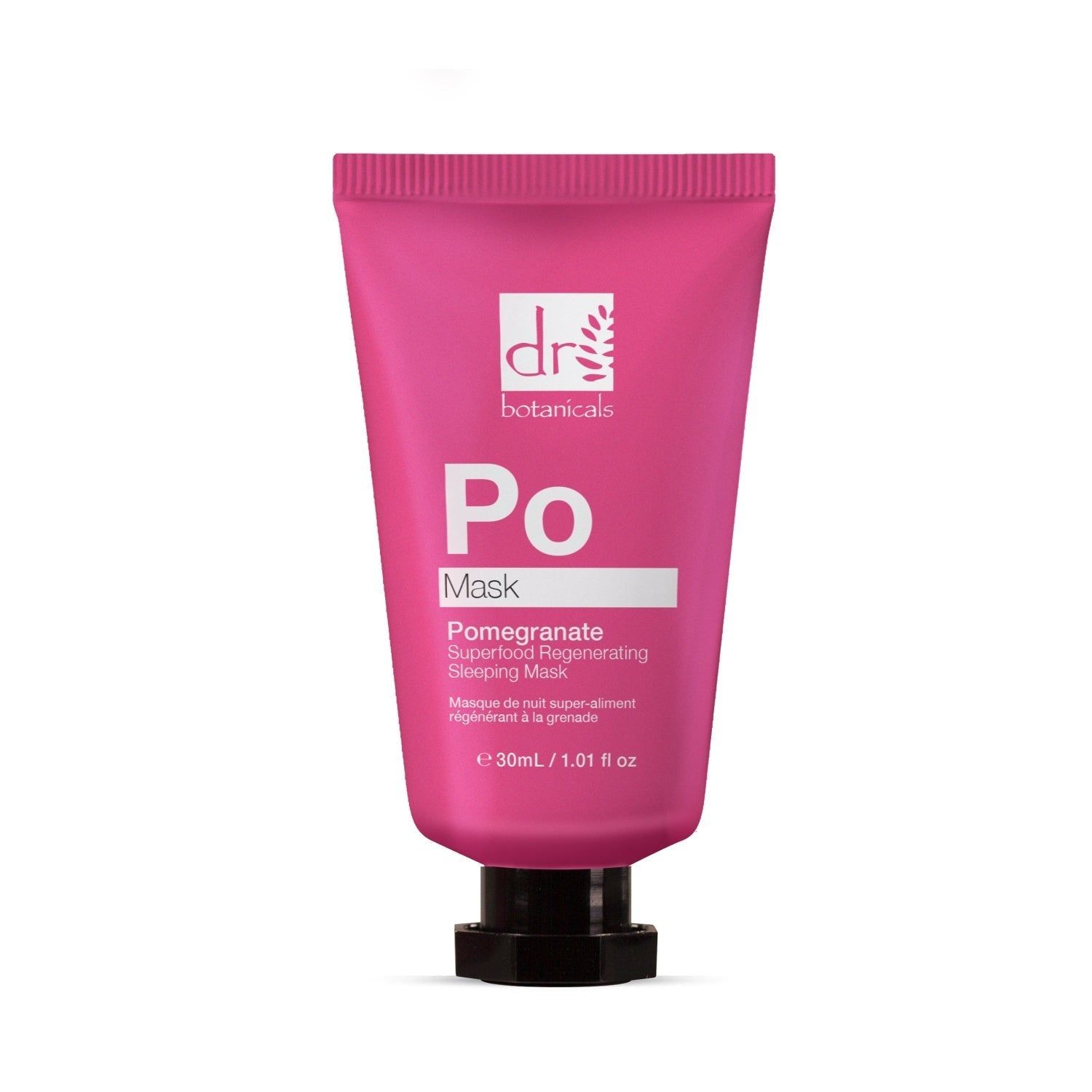 Rosa Tube mit schwarzem Verschluss. Aufschrift: Dr Botanicals, Po Mask, Pomegranate Superfood Regenerating Sleeping Mask.