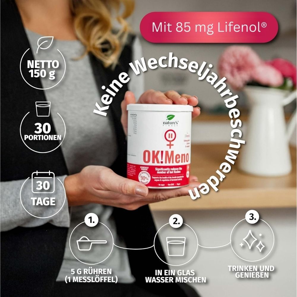 Dose "OK!Meno", 150g, 30 Portionen, 30 Tage. Anleitung: 5g rühren, in Wasser mischen, genießen. Mit 85 mg Lifenol.