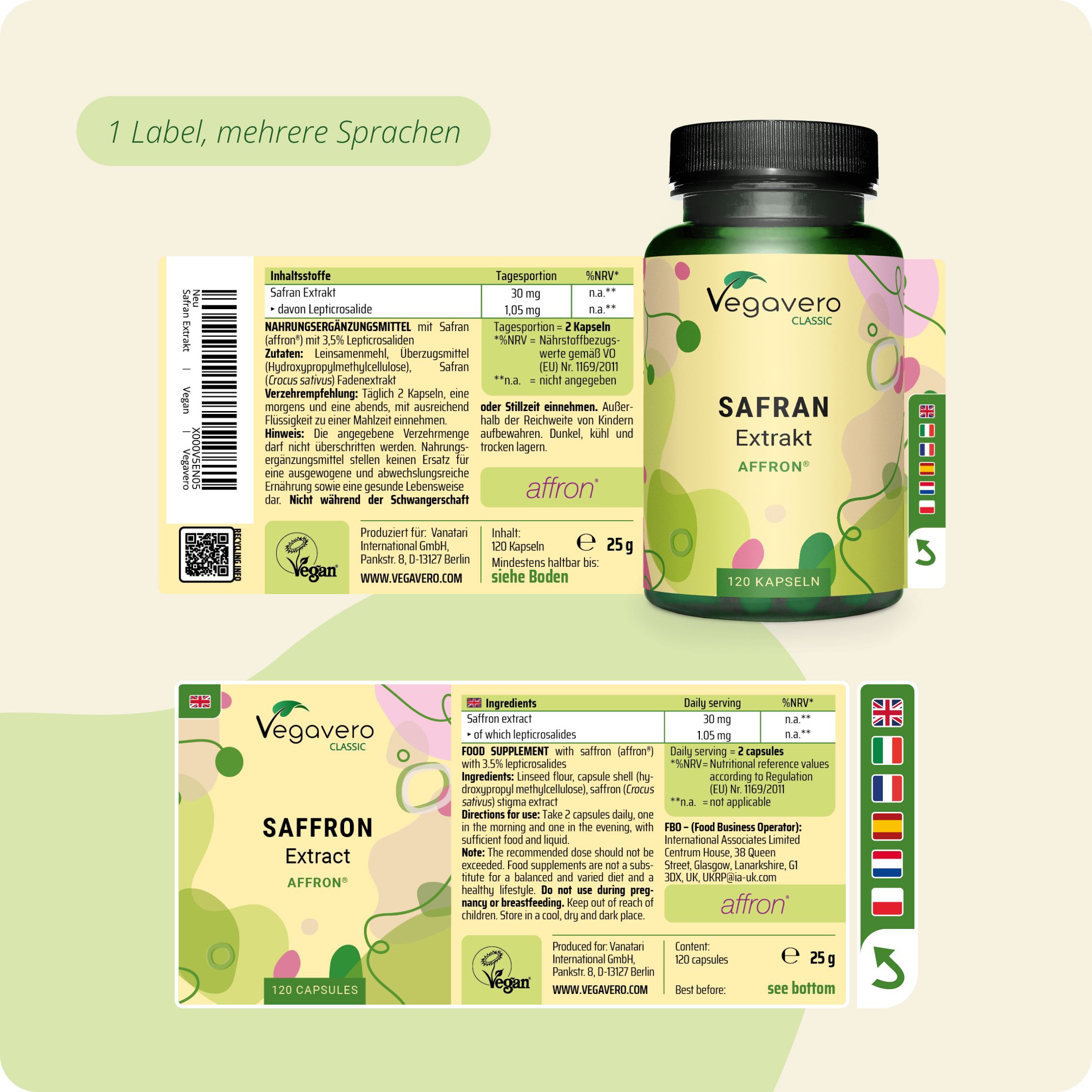 Flasche und Kartonverpackung von Veggavero Safran Extrakt, 120 Kapseln.
