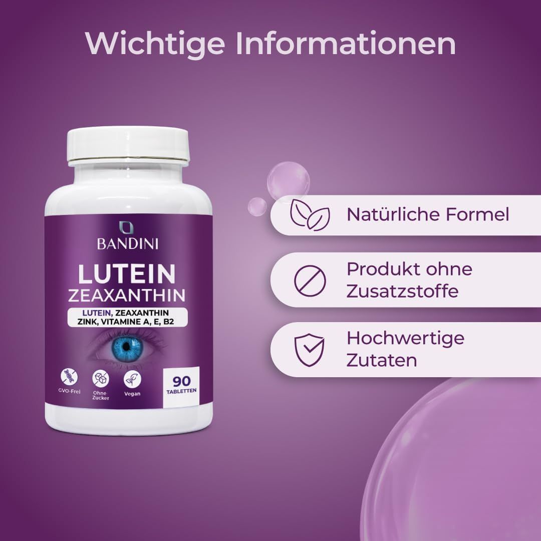 Bandini Lutein Zeaxanthin Flasche mit 90 Tabletten, natürliche Formel, ohne Zusatzstoffe, hochwertige Zutaten.