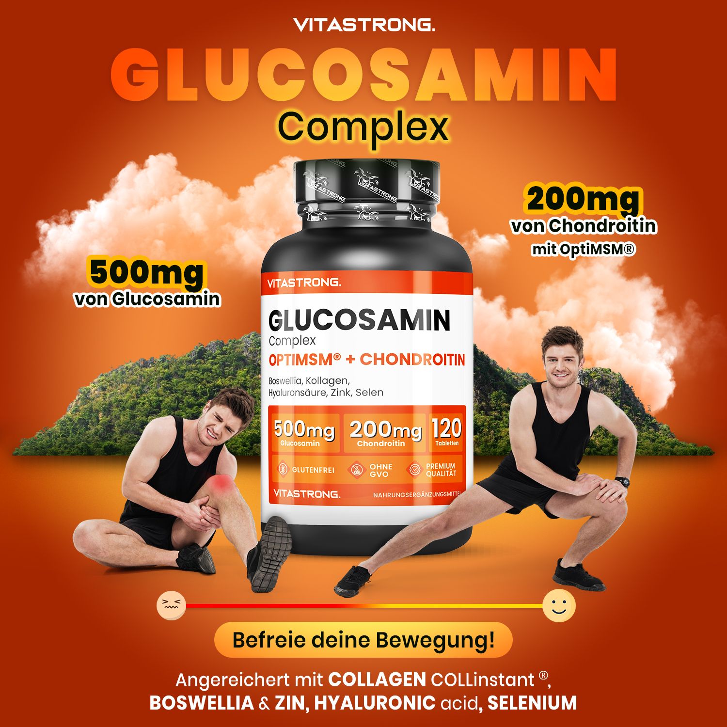 Vitastrong Glucosamin + Chondroitin-Flasche. Flasche mit 120 Tabletten. Aufschrift: Glucosamin, Chondroitin. Personen im Hintergrund. Orangefarbener Hintergrund.