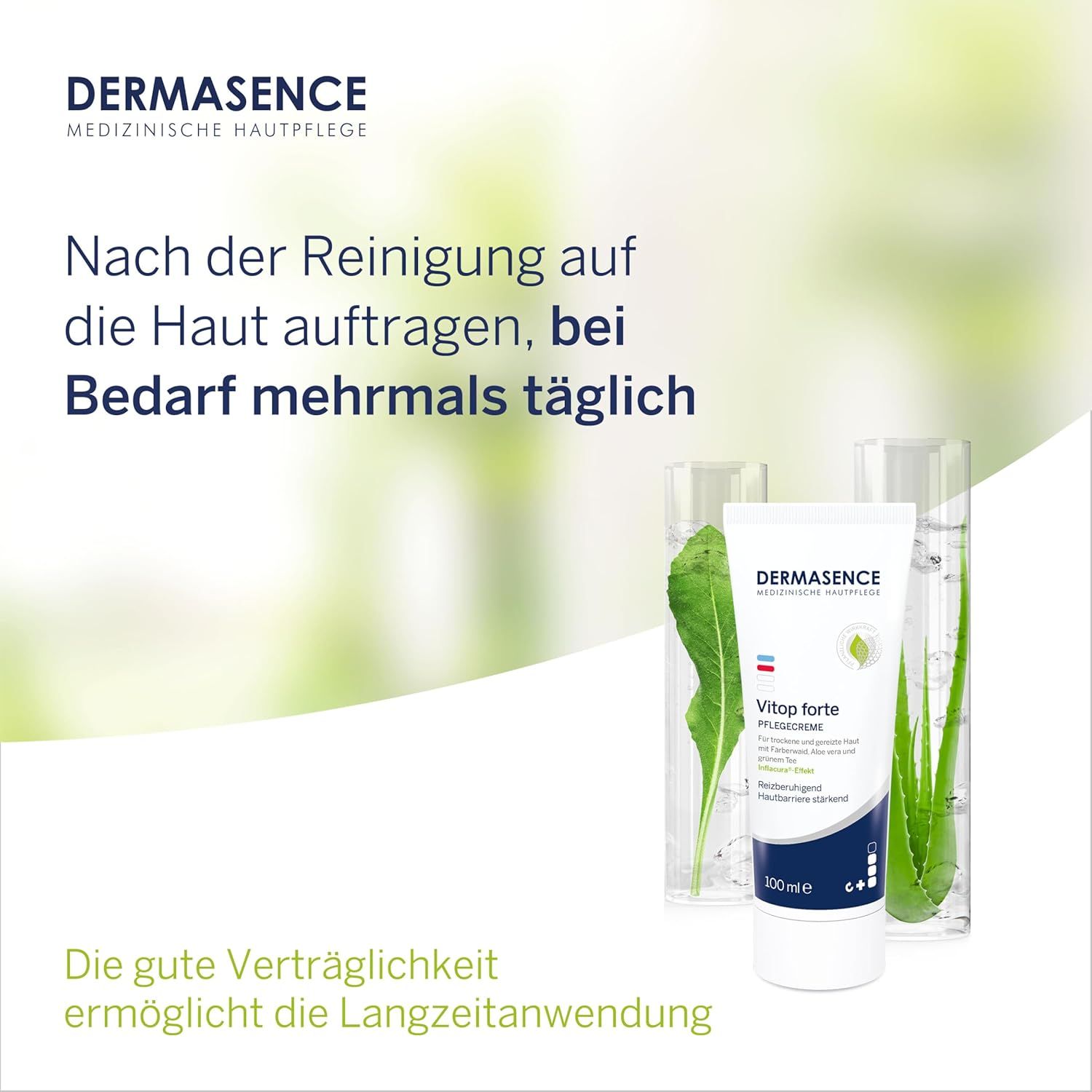 DERMASENCE Vitop forte Pflegecreme Tube und Pflanzen in Gläsern. Text: Nach der Reinigung auf die Haut auftragen.