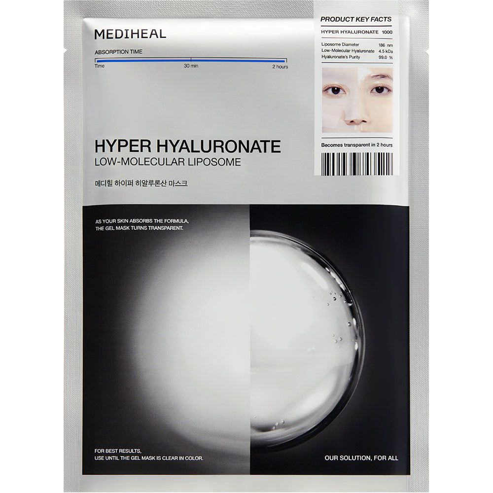 Verpackung der Gesichtsmaske. Text: MEDIHEAL HYPER HYALURONATE. Low-Molecular Liposome. Wird transparent.