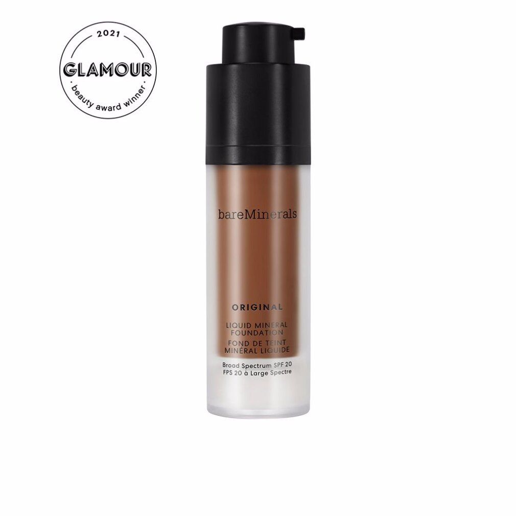 BareMinerals Original Flüssige Mineral Foundation SPF20 in dunklem Braunton mit Pumpe. Enthält Glamour Beauty Award Siegel.