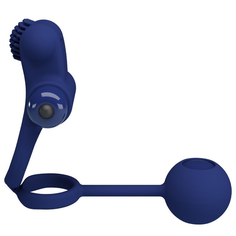 Blauer Vibrationsring mit Ring, Kugel und erhabenen Elementen. Die Kugel hat eine Öffnung. Das Produkt ist aus Silikon.