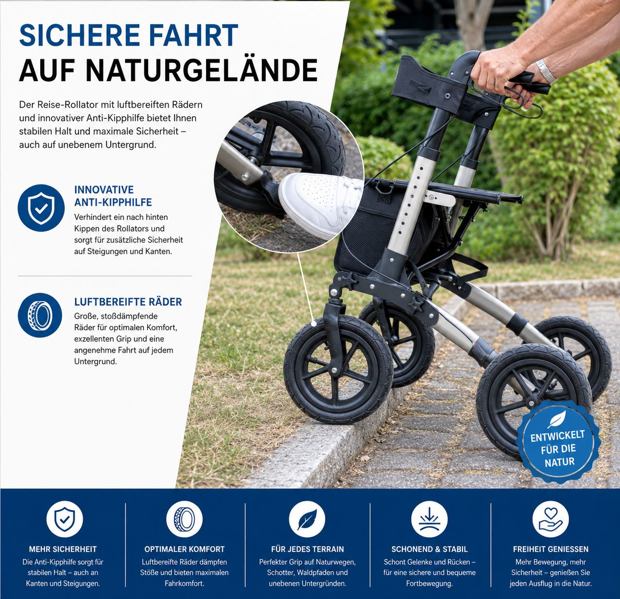 Rollator mit Luftreifen auf unebenem Gelände. Innovative Anti-Kipphilfe, Luftreifen, sichere Fahrt. Entwickelt für die Natur.