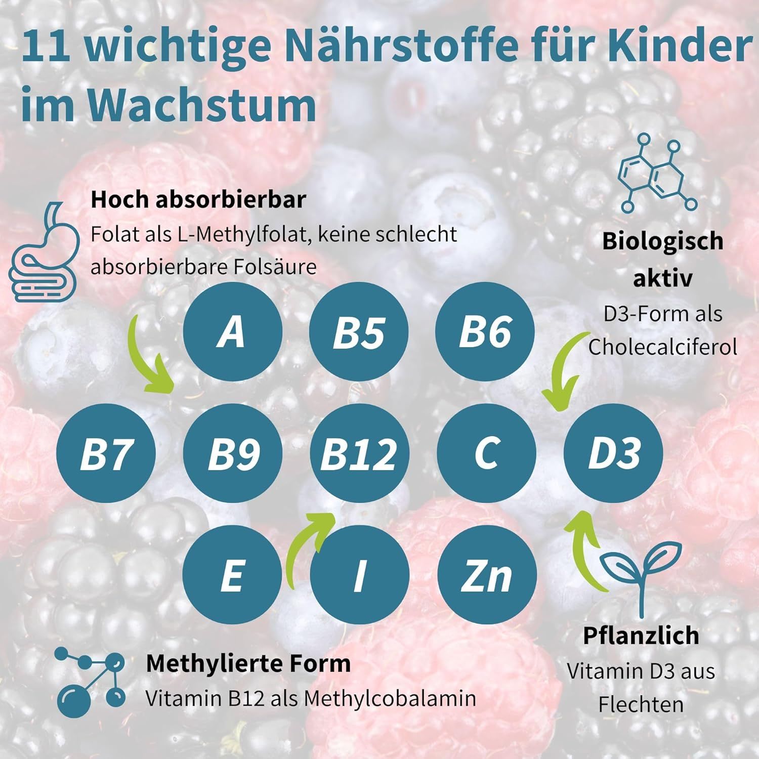 Übersicht 11 wichtiger Nährstoffe für Kinder, darunter Vitamine A, B, C, D3, E, I, Zn.