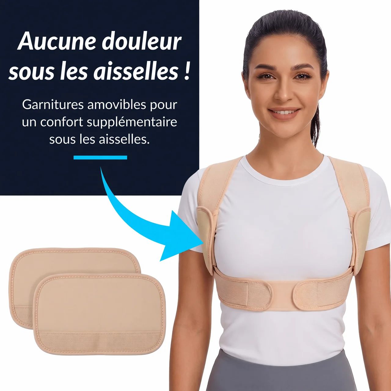 Beige Rückenbandage mit Schultergurten und zwei abnehmbaren Polstern. Frau trägt die Bandage.