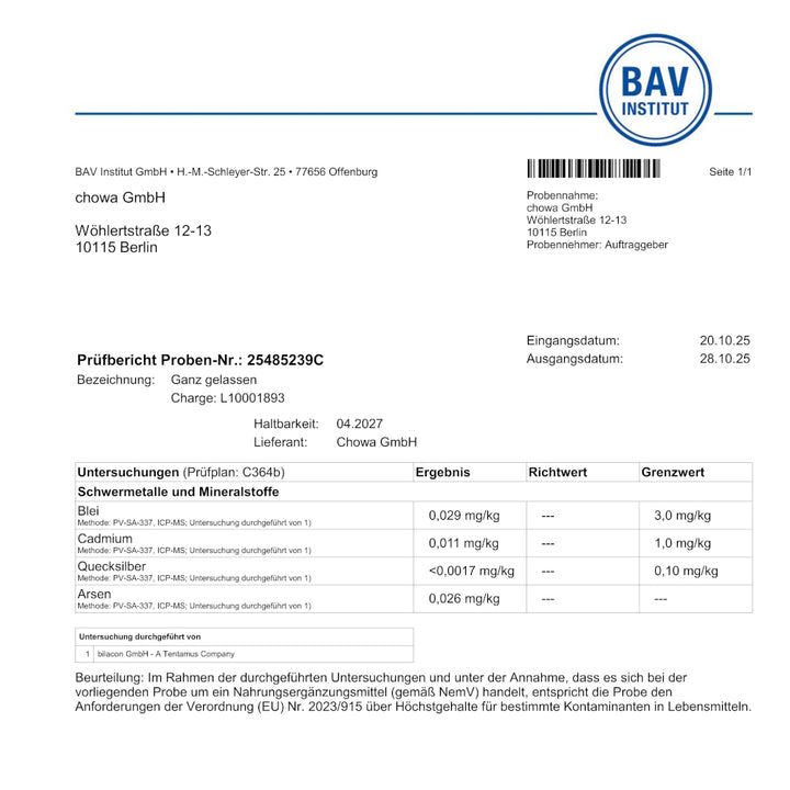 Prüfbericht des BAV Instituts für Ganz Gelassen. Enthält Ergebnisse zu Schwermetallen und Mineralstoffen.