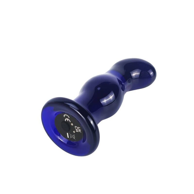 Blauer Glas-Analplug. Abgerundete Form mit breiter Basis und verjüngtem Schaft. CE-Kennzeichnung sichtbar.