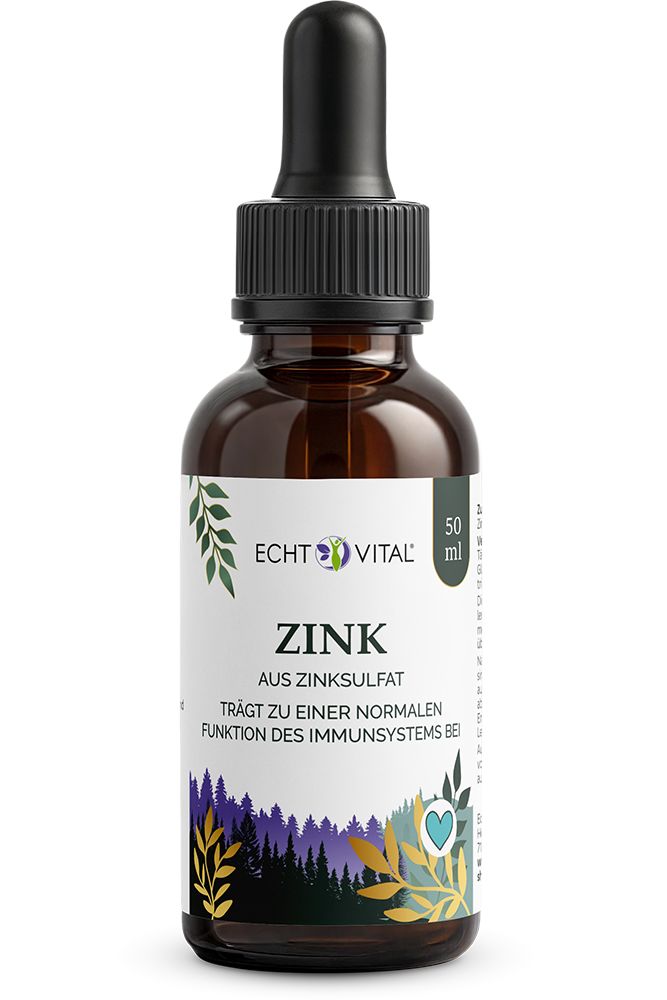 Braune Glasflasche mit Pipette, 50 ml. Enthält Zink aus Zinksulfat zur Unterstützung des Immunsystems.