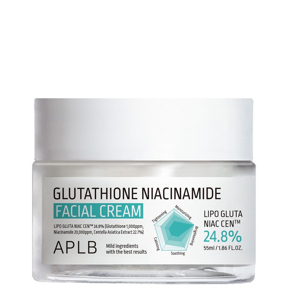 APLB Gesichtscreme mit Glutathion und Niacinamid, 55ml. Glasbehälter mit weißem Deckel.