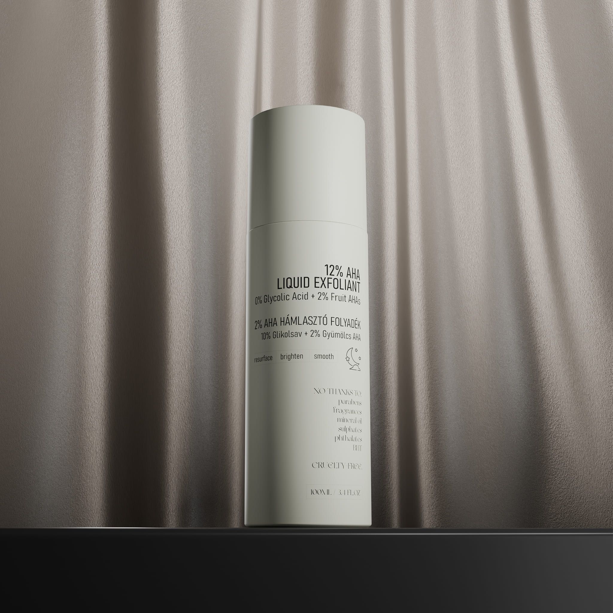 Flasche 12% AHA Liquid Exfoliant, 100ml, mit Text.