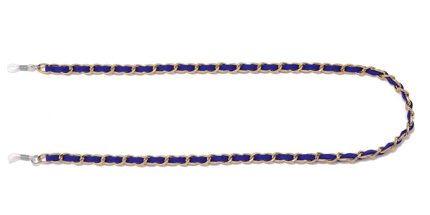 Brillenkette, blaues Band mit goldfarbener Kette. Enden mit Schlaufen zur Befestigung an Brillenbügeln.