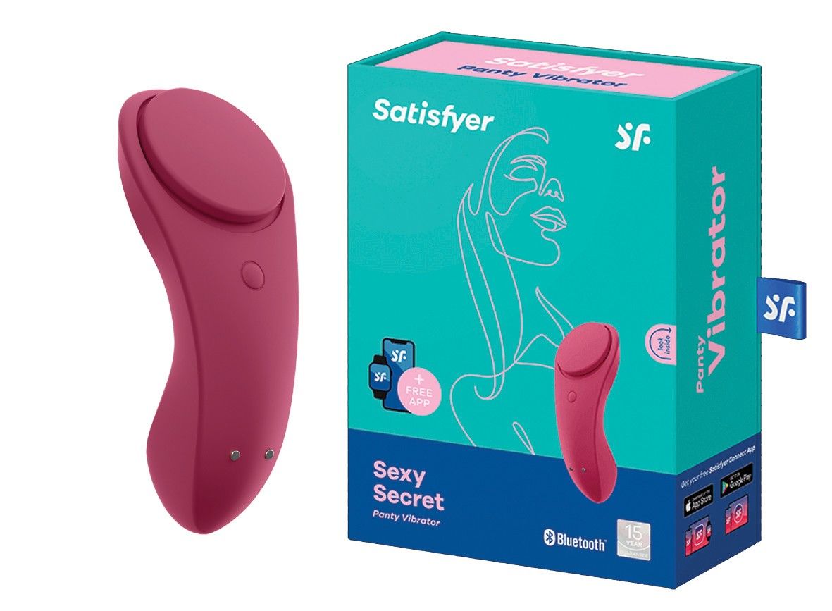 Verpackung mit Vibrator. Text: Satisfyer, Sexy Secret Panty Vibrator, Bluetooth. Abbildung des Produkts.