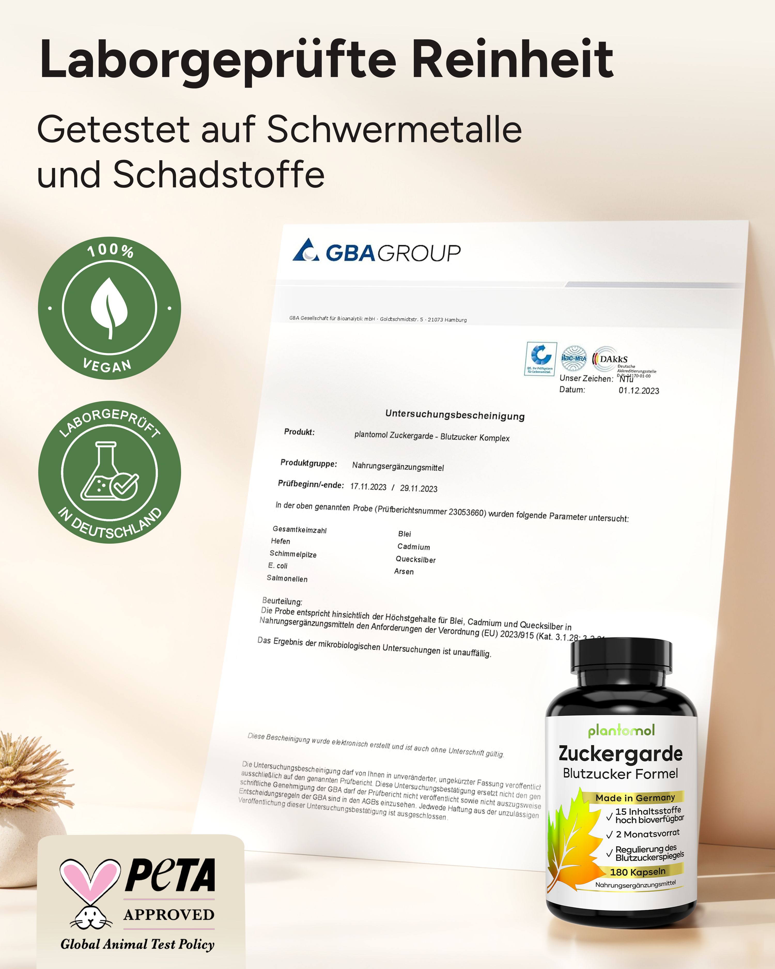 Laborgeprüfte Reinheit. Vegan-Siegel, GBA-Zertifikat, PETA-Logo. Flasche plantomol Zuckergarde Blutzucker Formel.