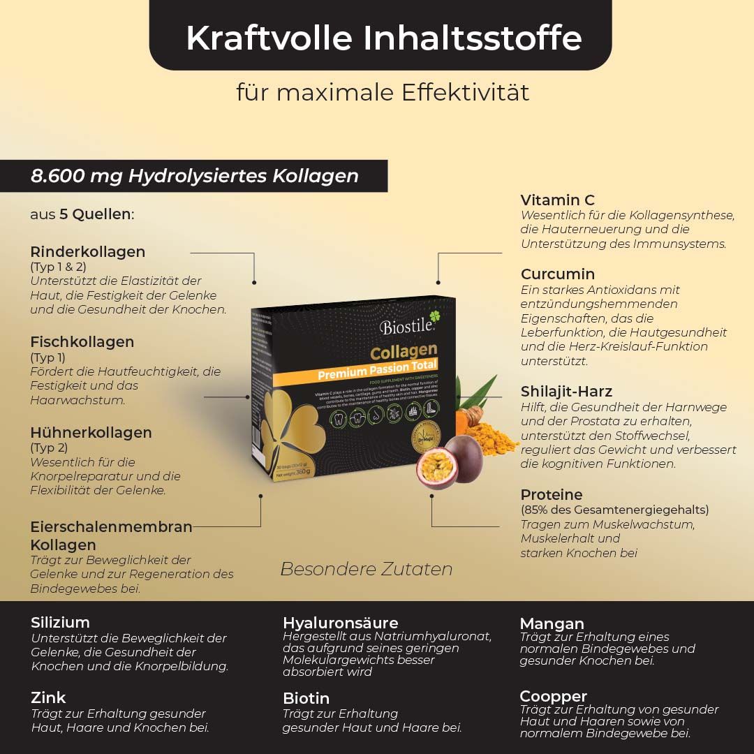 Biostile Collagen Premium Passion Total. Inhaltsstoffe: Kollagen, Vitamin C, Curcumin, Shilajit, Protein, Mangan.