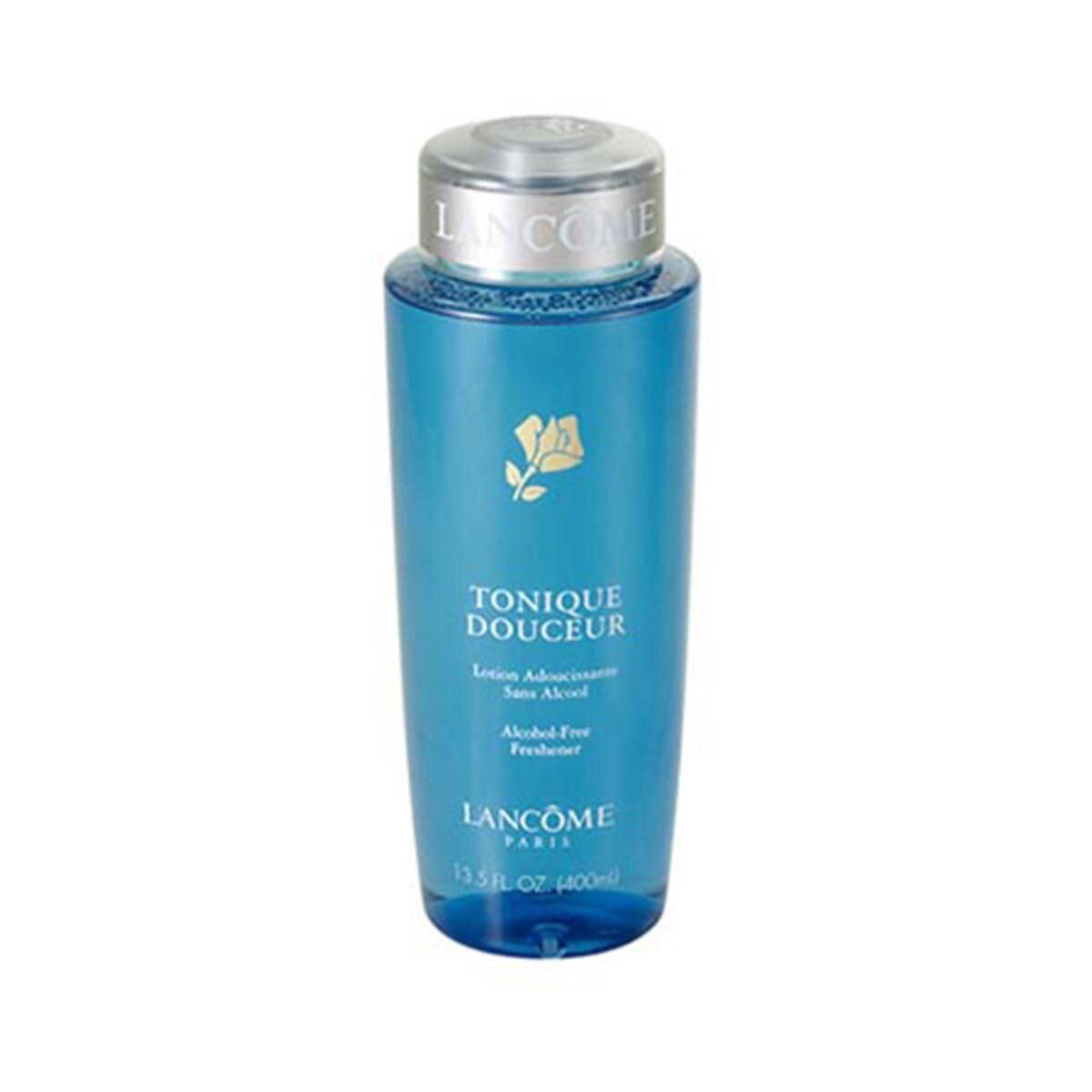 Blaues Gesichtswasser mit silbernem Deckel. Aufschrift: TONIQUE DOUCEUR, LANCÔME. 400 ml. Ohne Alkohol.
