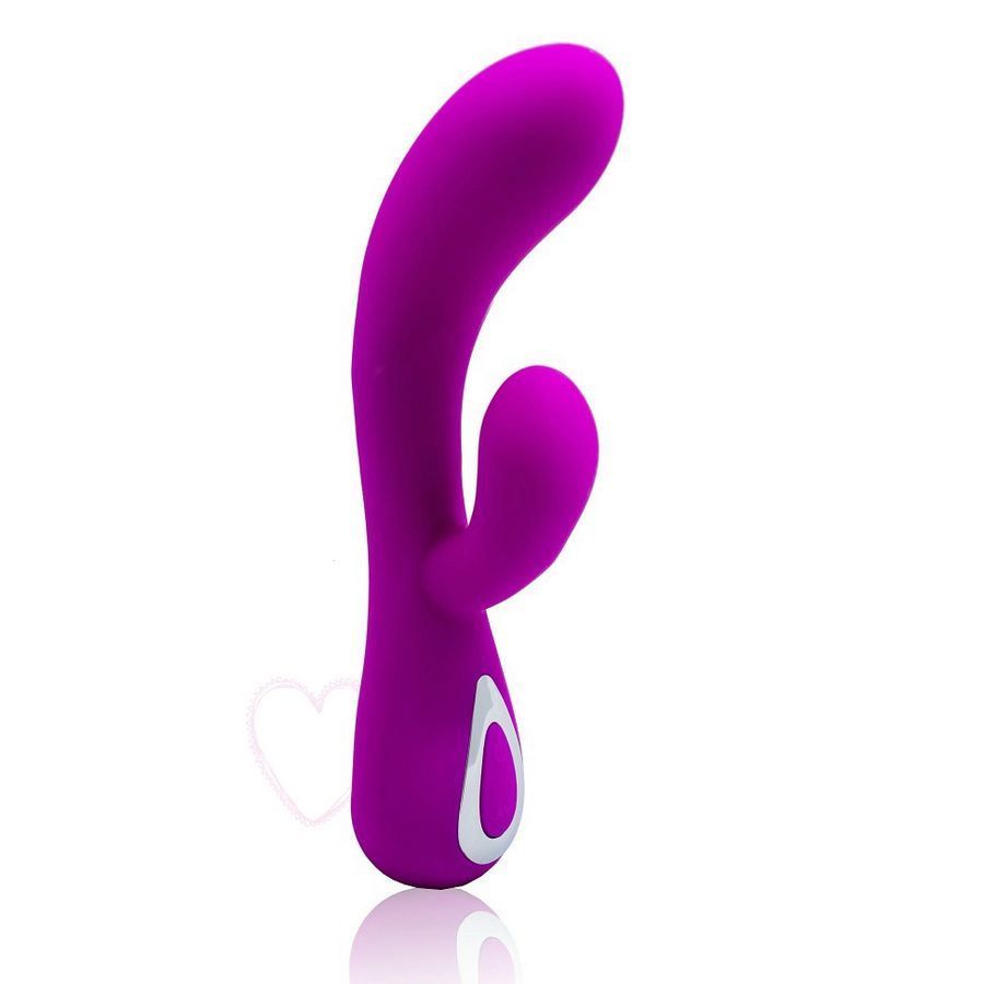 Lila Vibrator mit gebogener Form und einem zusätzlichen Vorsprung. Unterteil mit weißem Knopf. Herz-Symbol.