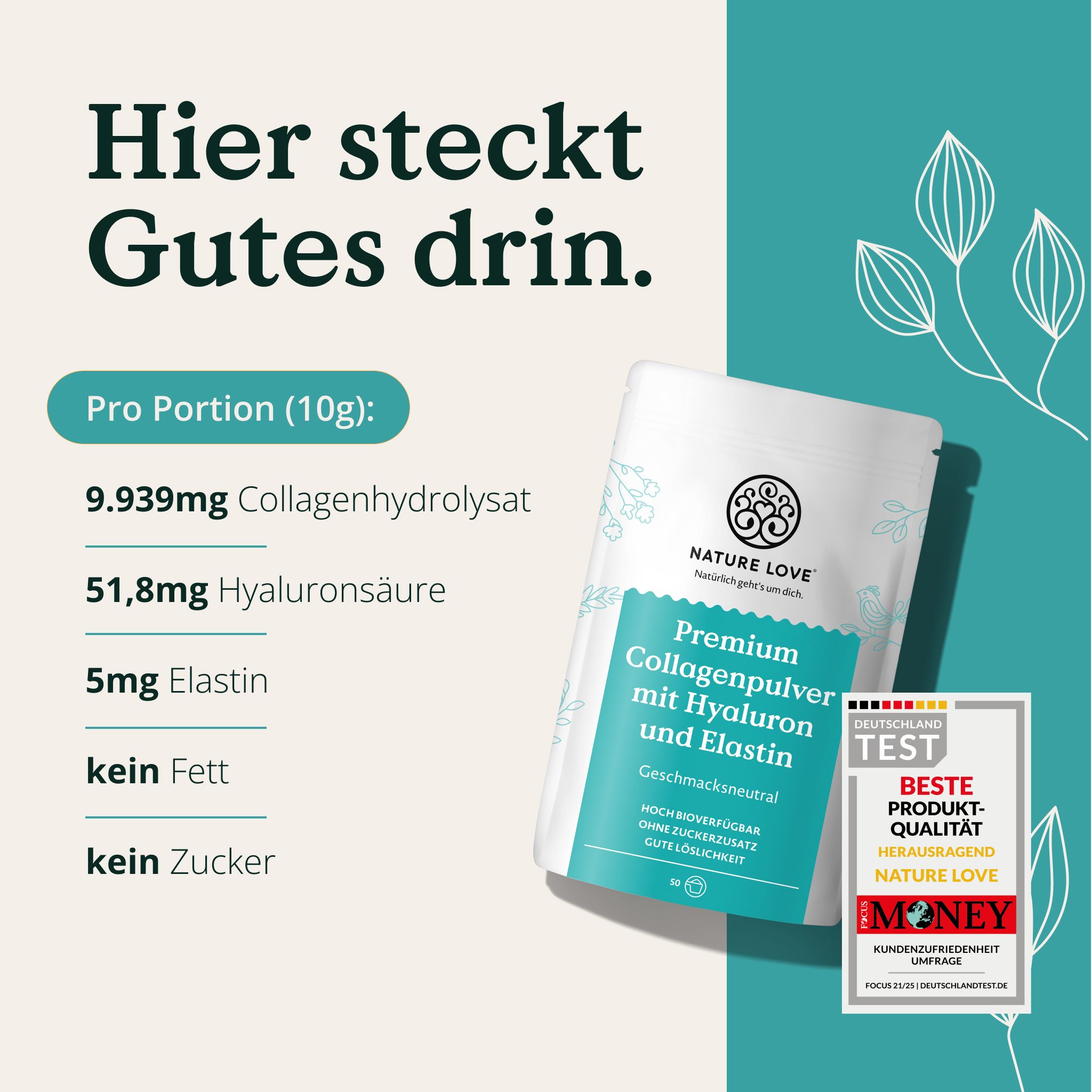 Verpackung mit Kollagenpulver, daneben Nährwertangaben pro Portion und ein Testsiegel.