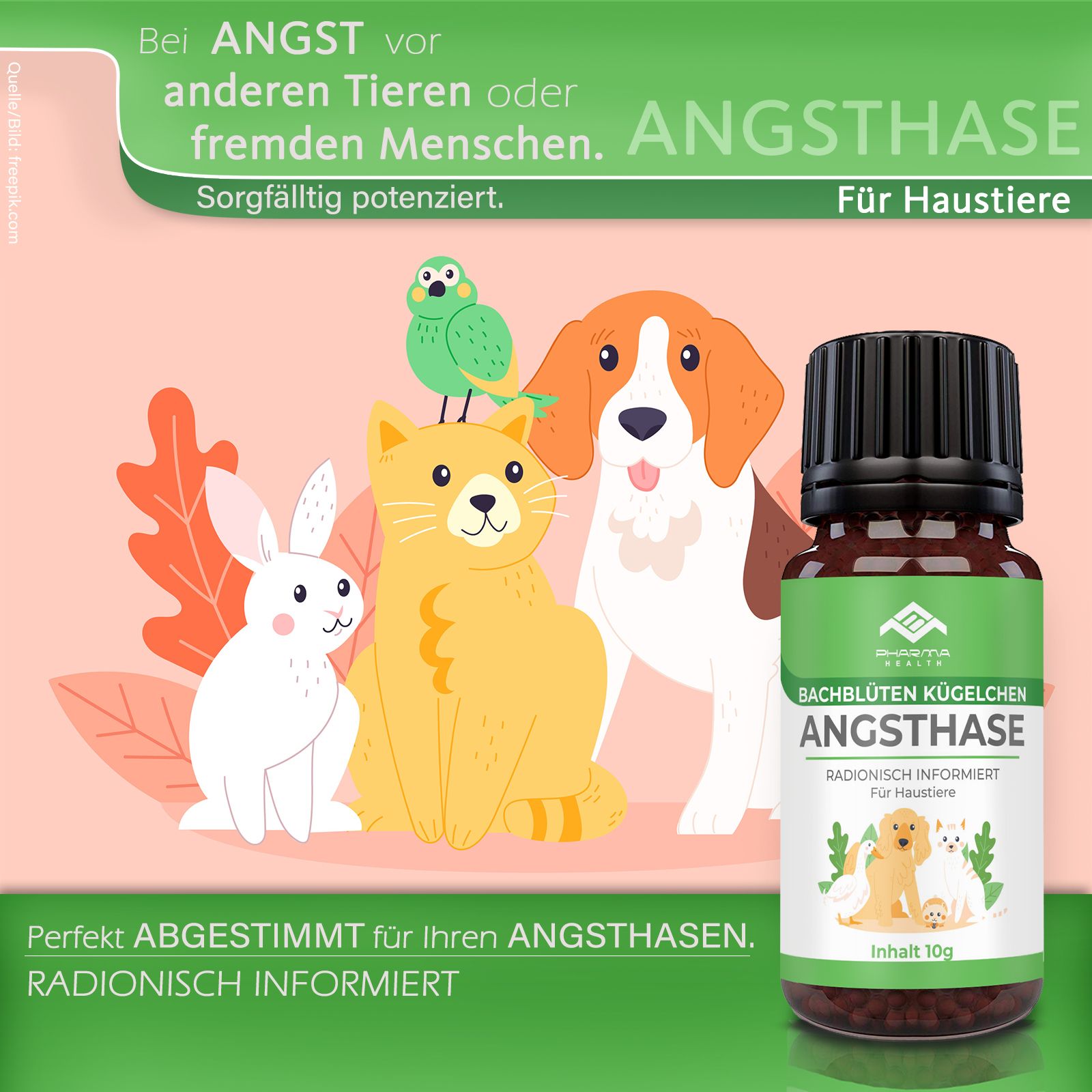 Produktflasche neben Illustrationen von Tieren: Hase, Katze, Hund, Vogel. Text: "Angsthase", "Für Haustiere", "Radionisch Informiert".