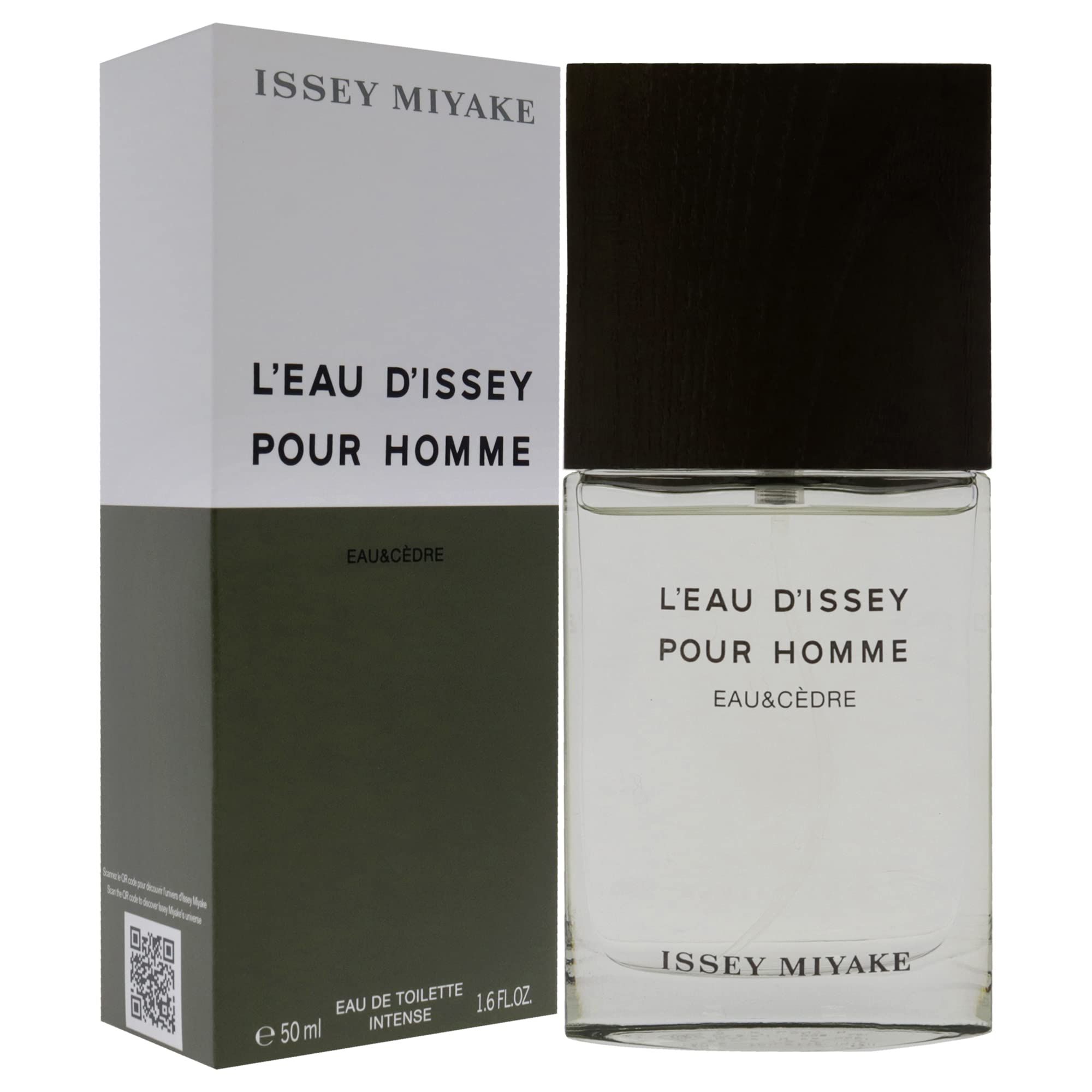 Flakon und Verpackung von L'Eau d'Issey pour Homme Eau & Cèdre. Holzdeckel, weißes Etikett, grüne Akzente. Text: Issey Miyake.