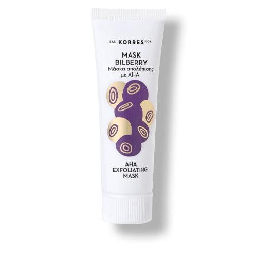 Weiße Tube mit Produktaufdruck. Oben steht „KORRES“. Darunter „MASK BILBERRY“ und „AHA EXFOLIATING MASK“. Abbildung von Beeren.