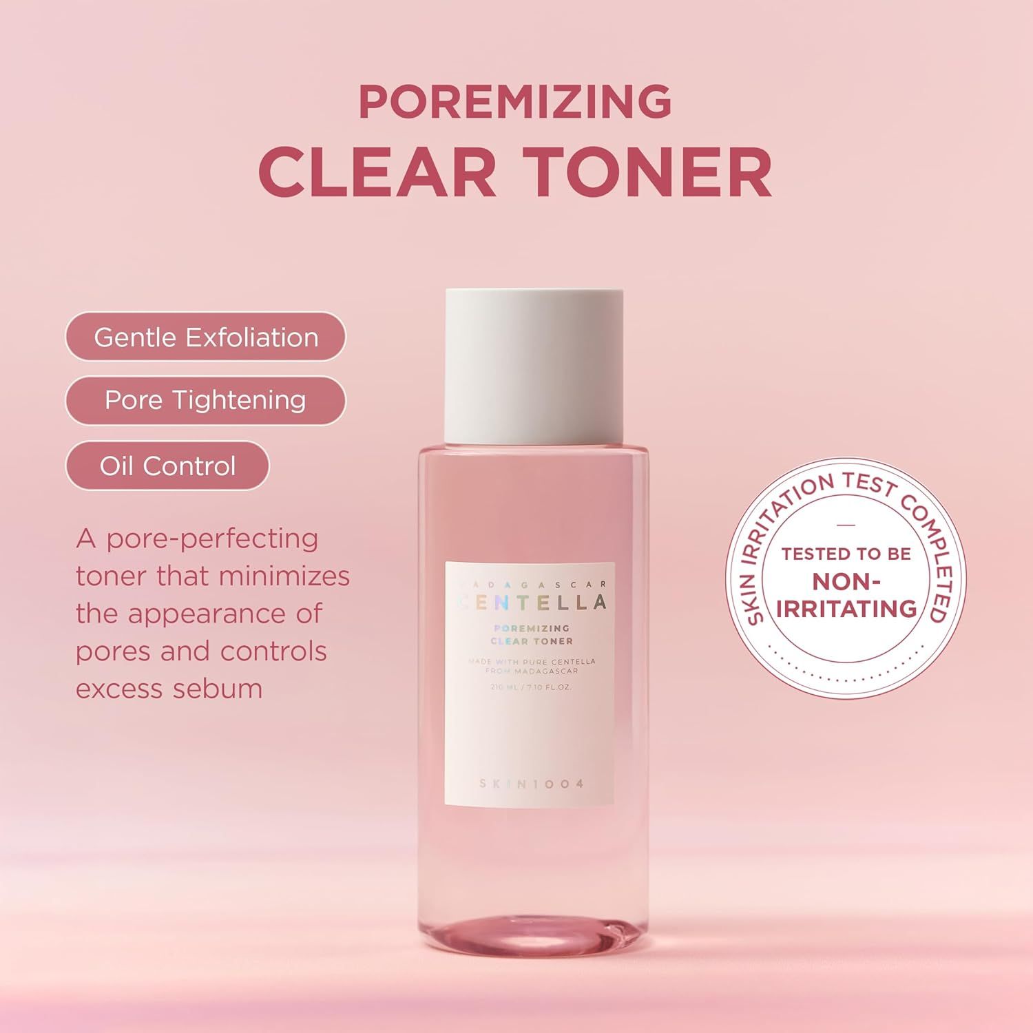 Rosa Flasche mit weißem Deckel. Aufschrift: Poremizing Clear Toner. Zertifizierung: Nicht reizend.