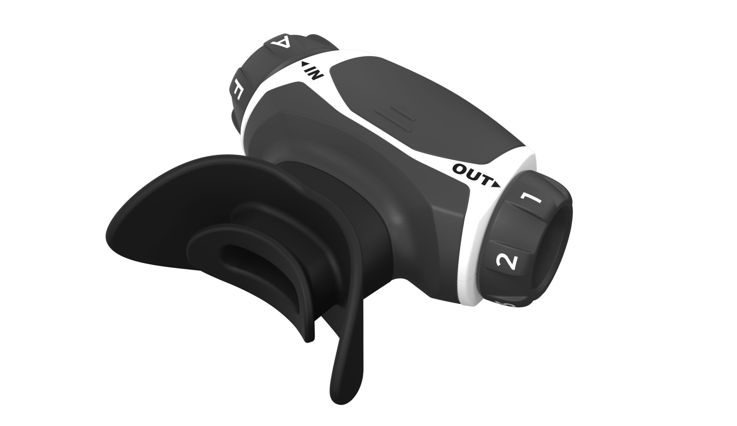 Atemtrainer, schwarz-weiß. Drehregler mit Markierungen. Mundstück mit gebogener Form.