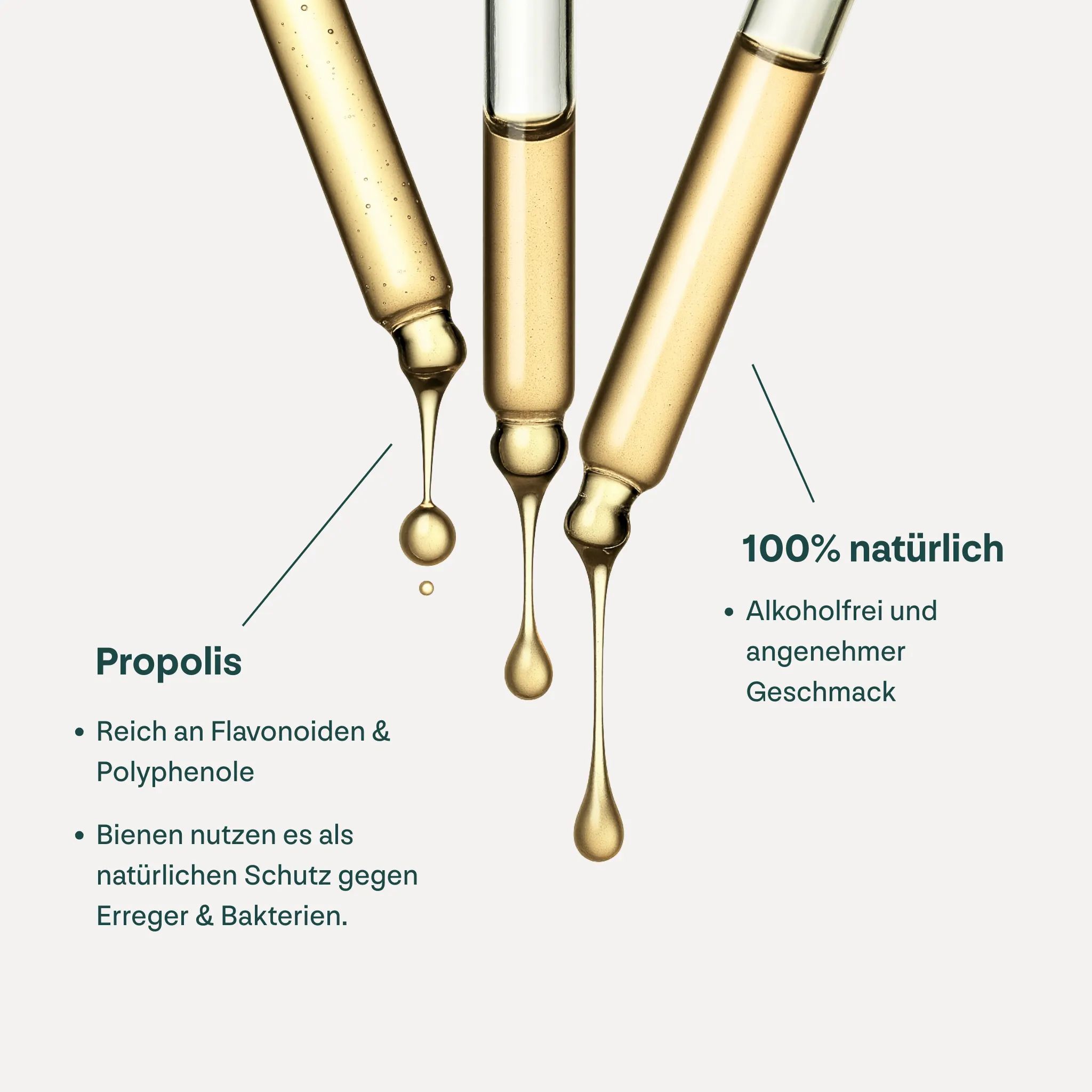 Drei Tropfspitzen mit Tropfen. Text: Propolis, reich an Flavonoiden & Polyphenolen, 100% natürlich, alkoholfrei.