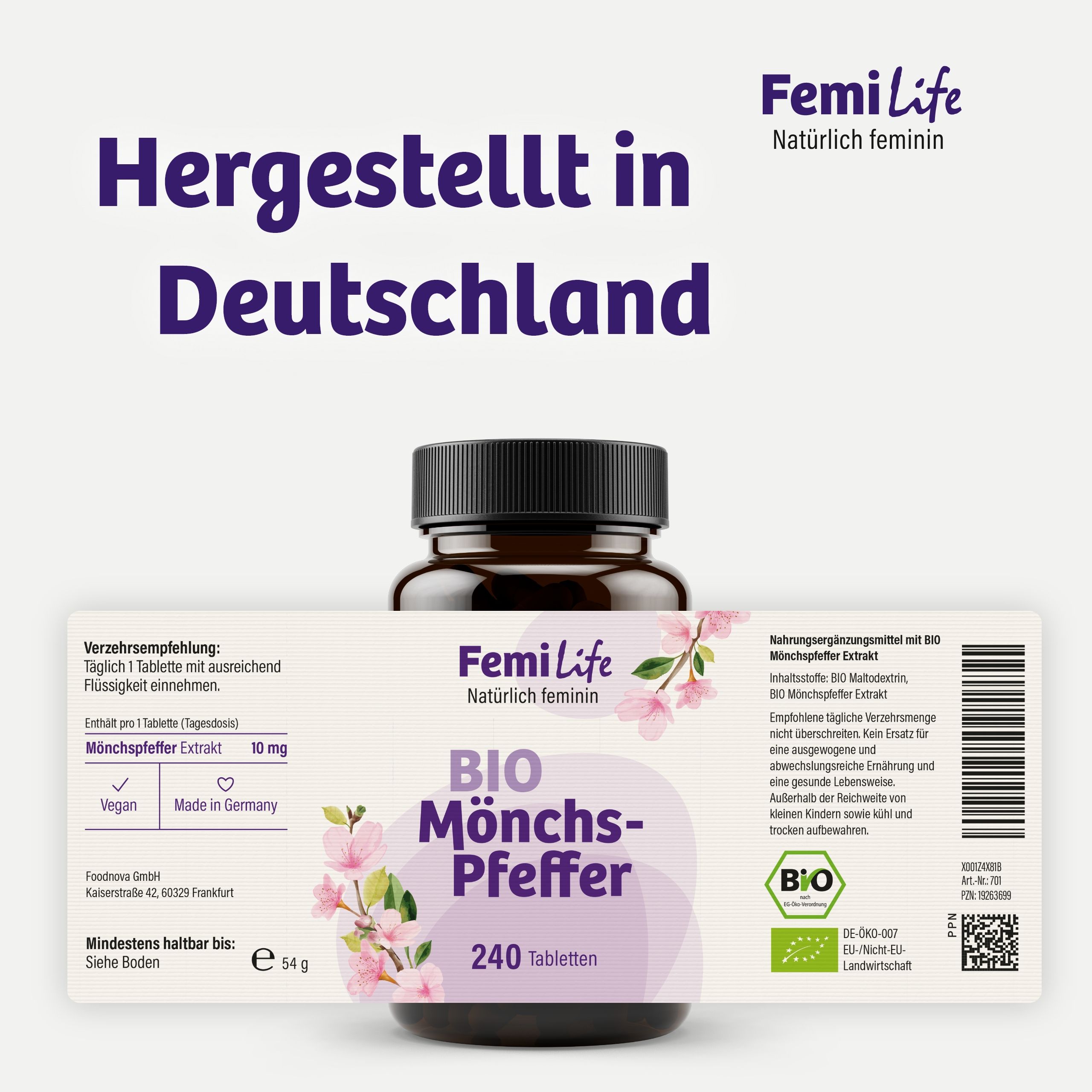 Braune Tablettenflasche mit Etikett, BIO Mönchspfeffer, 240 Tabletten, FemiLife, hergestellt in Deutschland.