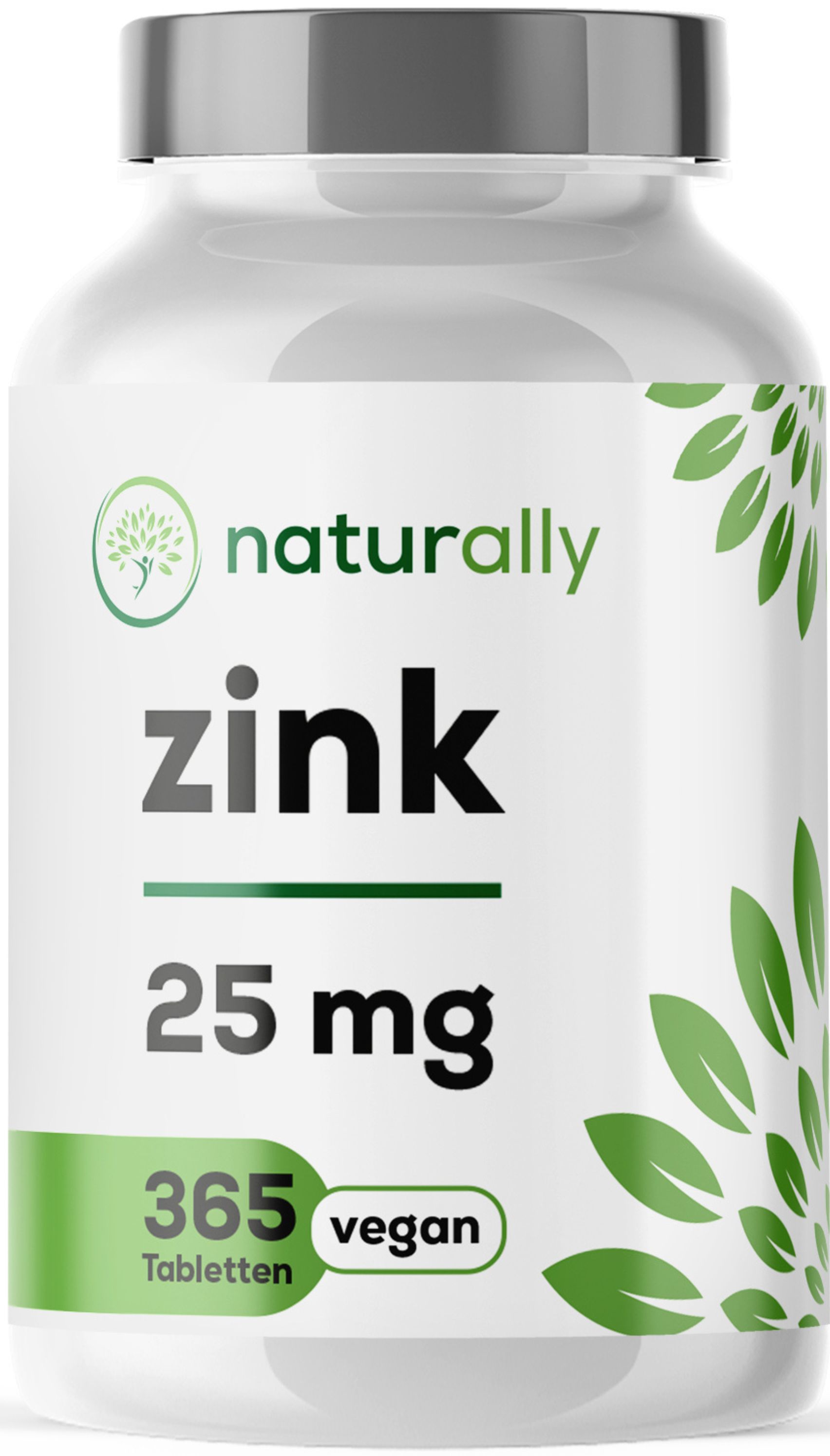 Weiße Flasche "naturally zink 25 mg" mit 365 Tabletten. Vegan.
