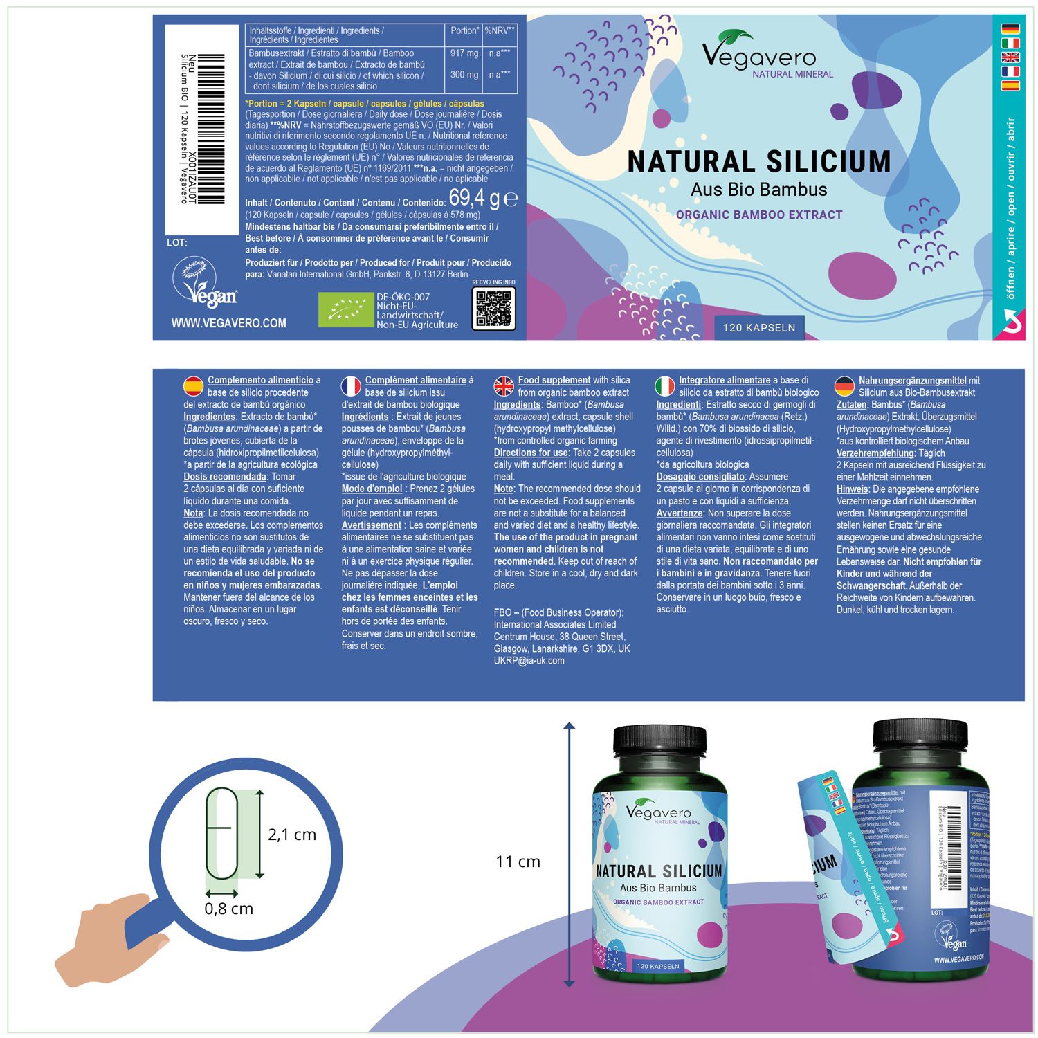 Produktverpackung mit Etikett. Enthält Informationen zu Inhaltsstoffen, Anwendung und Nährwerten. Mit 120 Kapseln. Mit Zertifizierung.