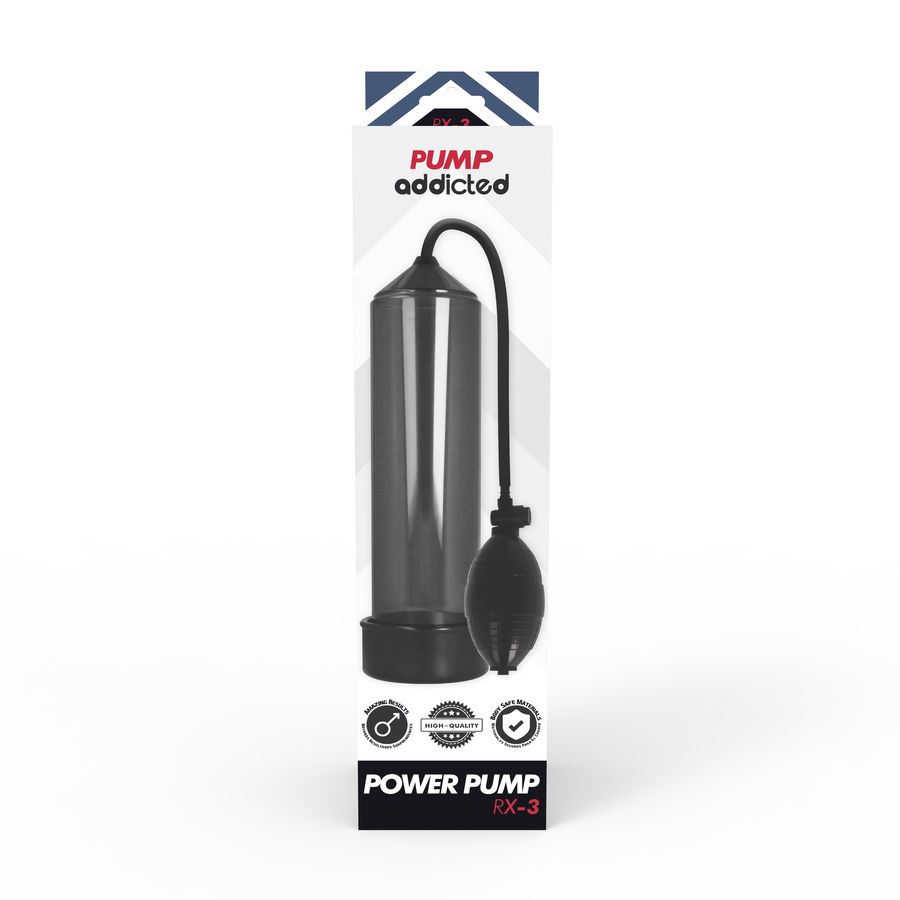 Verpackung mit Pumpe. Schwarze Pumpe mit Schlauch und Ball. Logo und Text. RX-3.