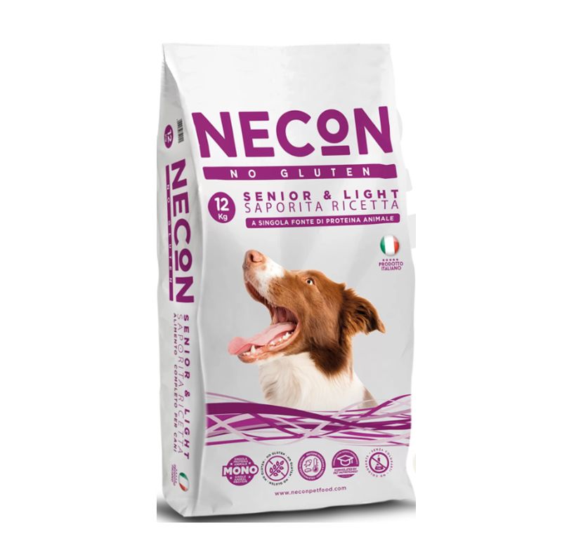 Hundefutterbeutel. Aufschrift: NECON, NO GLUTEN, SENIOR & LIGHT. Abbildung eines Hundes. Italienische Flagge.