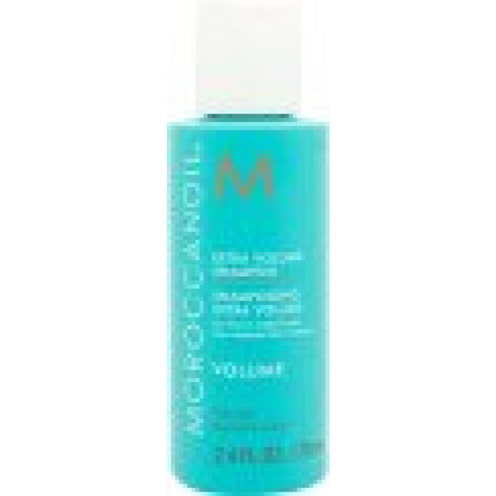 Türkisfarbene Shampoo-Flasche mit weißem Deckel. Aufschrift: MOROCCANOIL, EXTRA VOLUME SHAMPOO, VOLUME. 2.4 FL.OZ. / 70 ml.