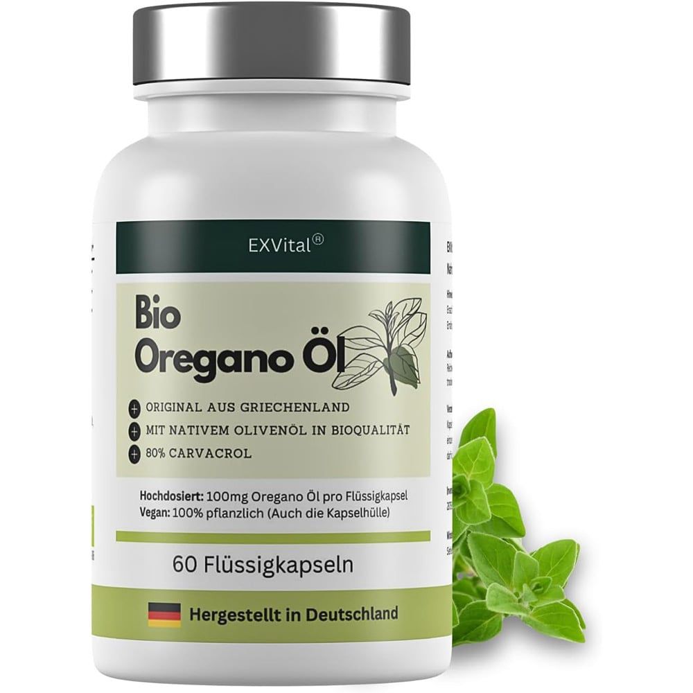 Weißes Fläschchen mit grünen und schwarzen Etiketten. Aufschrift: Bio Oregano Öl, 60 Flüssigkapseln. Oregano-Zweig rechts.