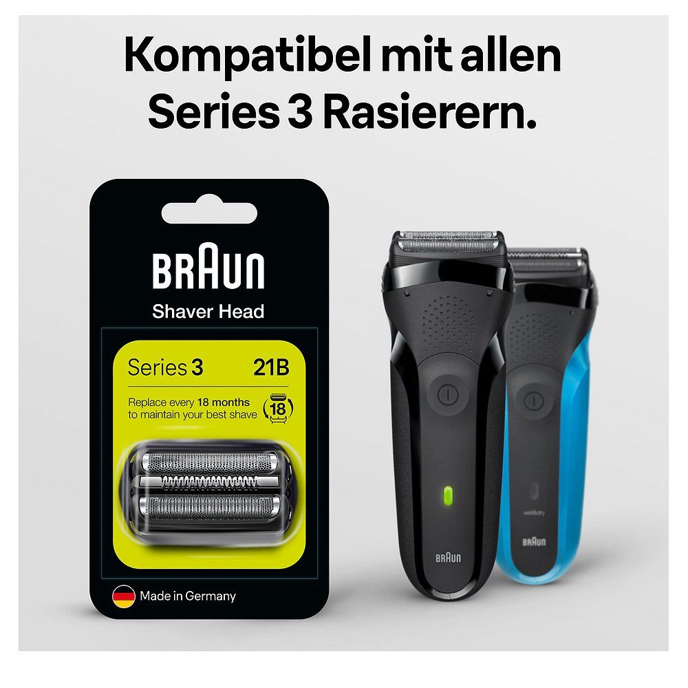 Braun Series 3 Rasierer und Ersatzscherkopf 21B in Verpackung.