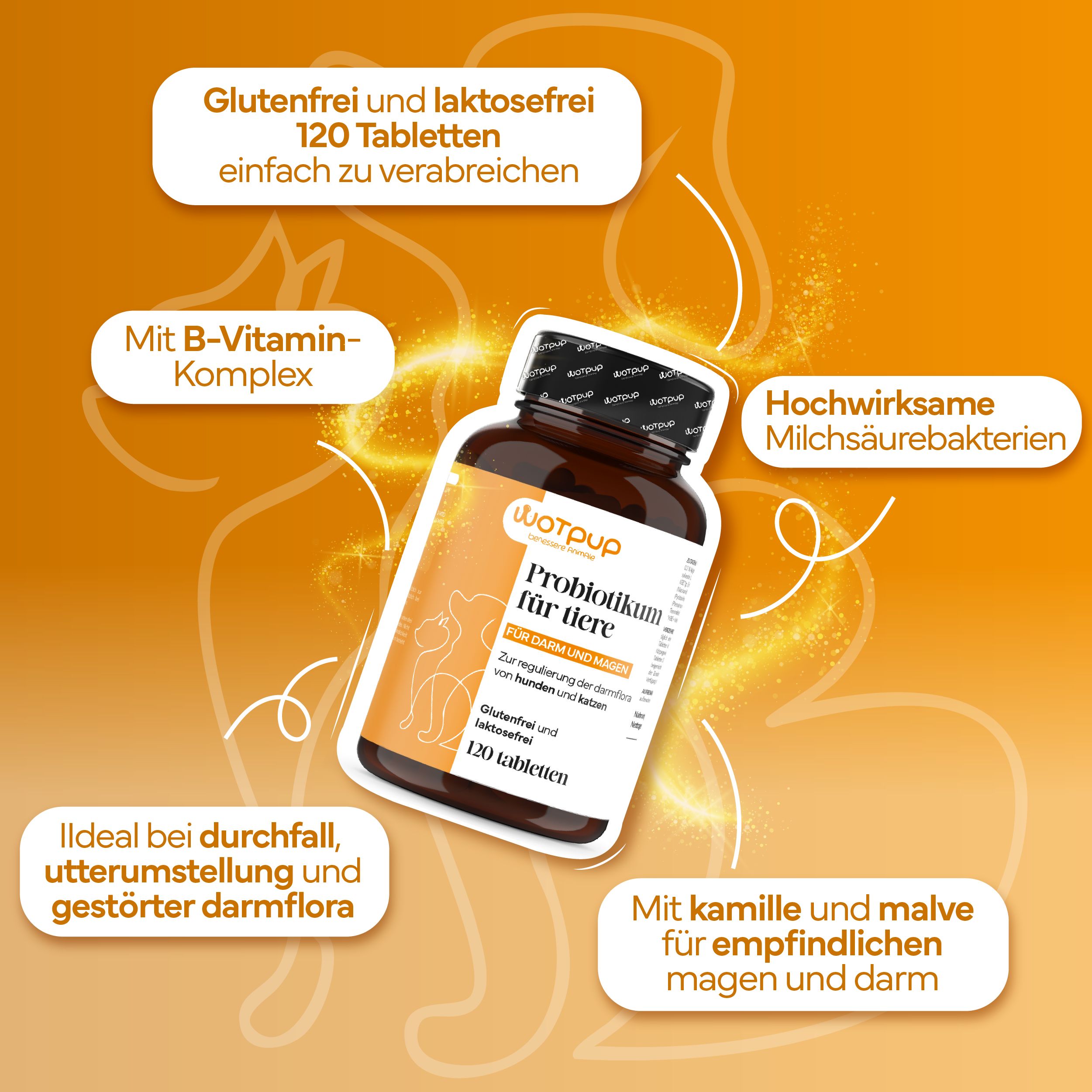 Braune Tablettenflasche mit Text. Text: Probiotikum für Tiere, für Darm und Magen. Mit Kamille & Malve. Glutenfrei und laktosefrei.