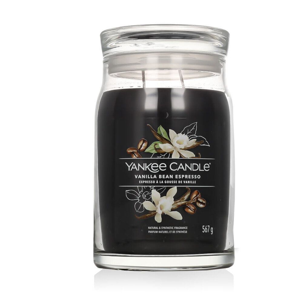 Glasbehälter mit Deckel. Aufschrift: Yankee Candle, Vanilla Bean Espresso, 567 g. Abbildung von Vanilleblüten und Kaffeebohnen.