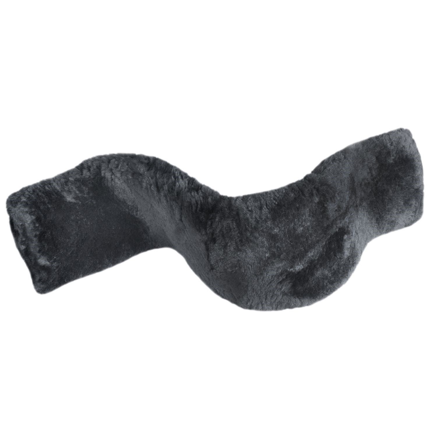 Schwarzer Sattelgurtschoner aus Lammfell. Wellenförmige Form. Weiches Material.