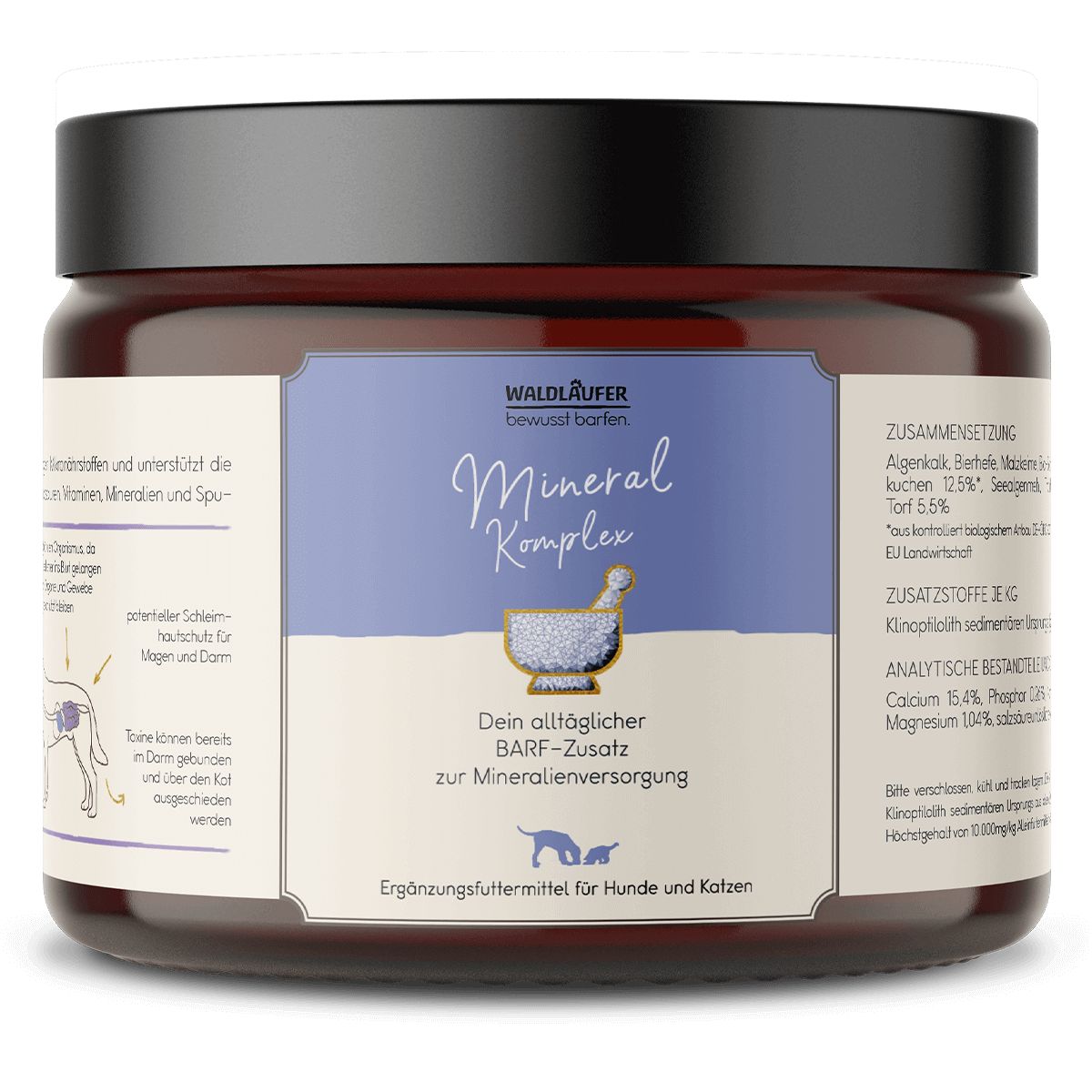Braune Dose mit blauem Etikett. Aufschrift: Mineral Komplex, BARF-Zusatz für Hunde und Katzen. Enthält Mineralien. Marke: Waldläufer.